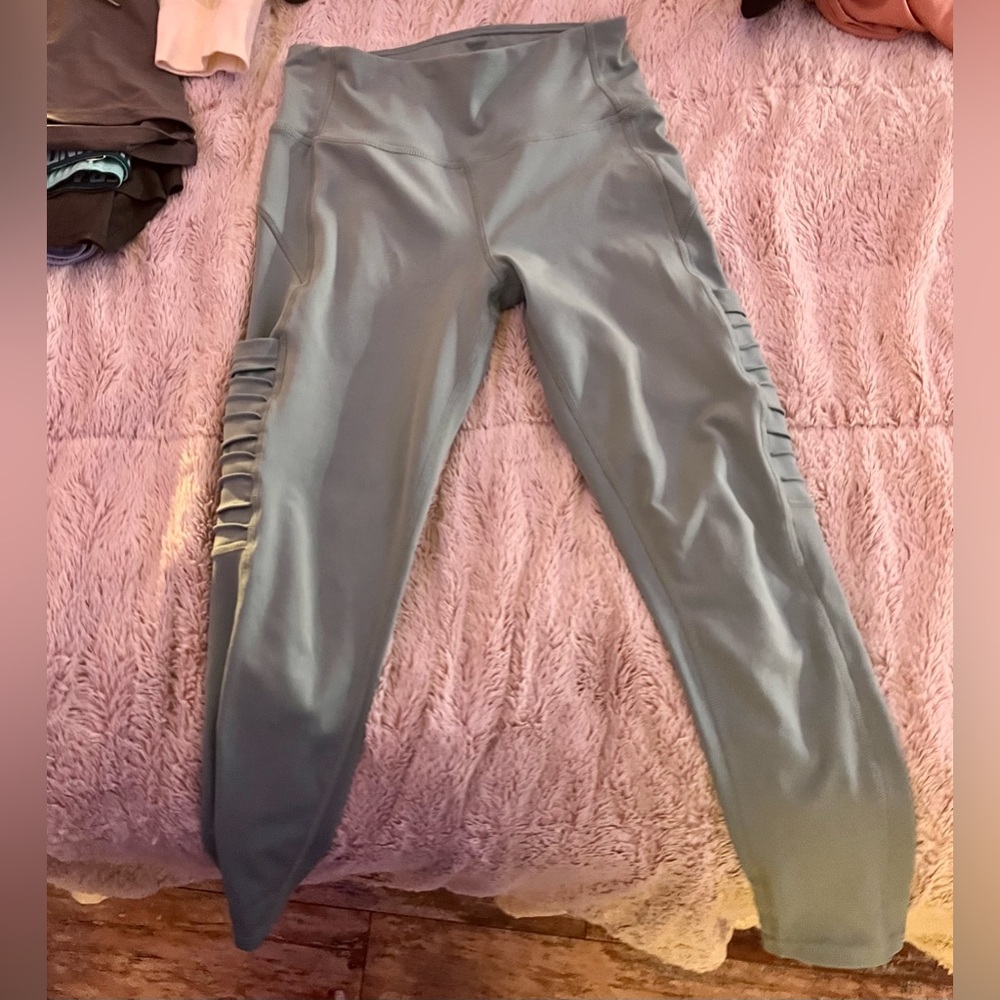 Gray/blueish green High-Waisted Leggings with Side Detail